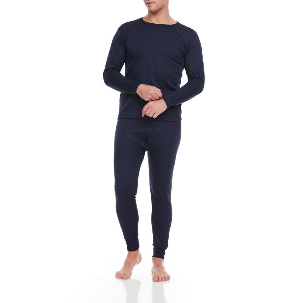 Men Thermal Underwear Navy Blue Cotton Fleece Lined Long Johns Winter Base Layer - Picture 3 of 6
